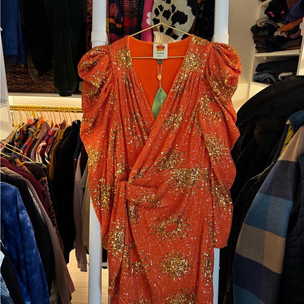 Farm Rio Sunny Mood Orange Sequin Mini Dress NWT